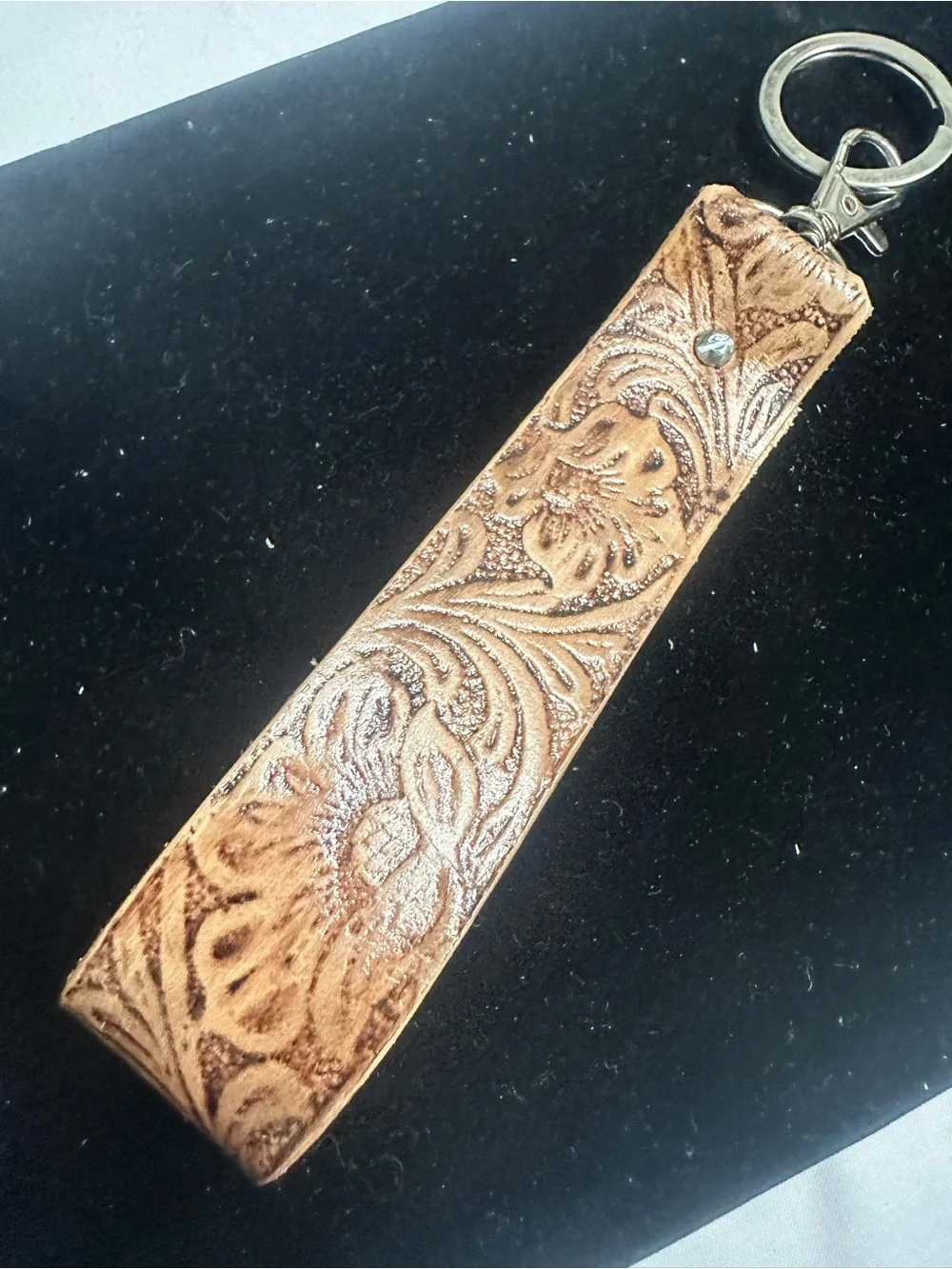 Leather Floral Embossed Wristlet Key Fob - Tan